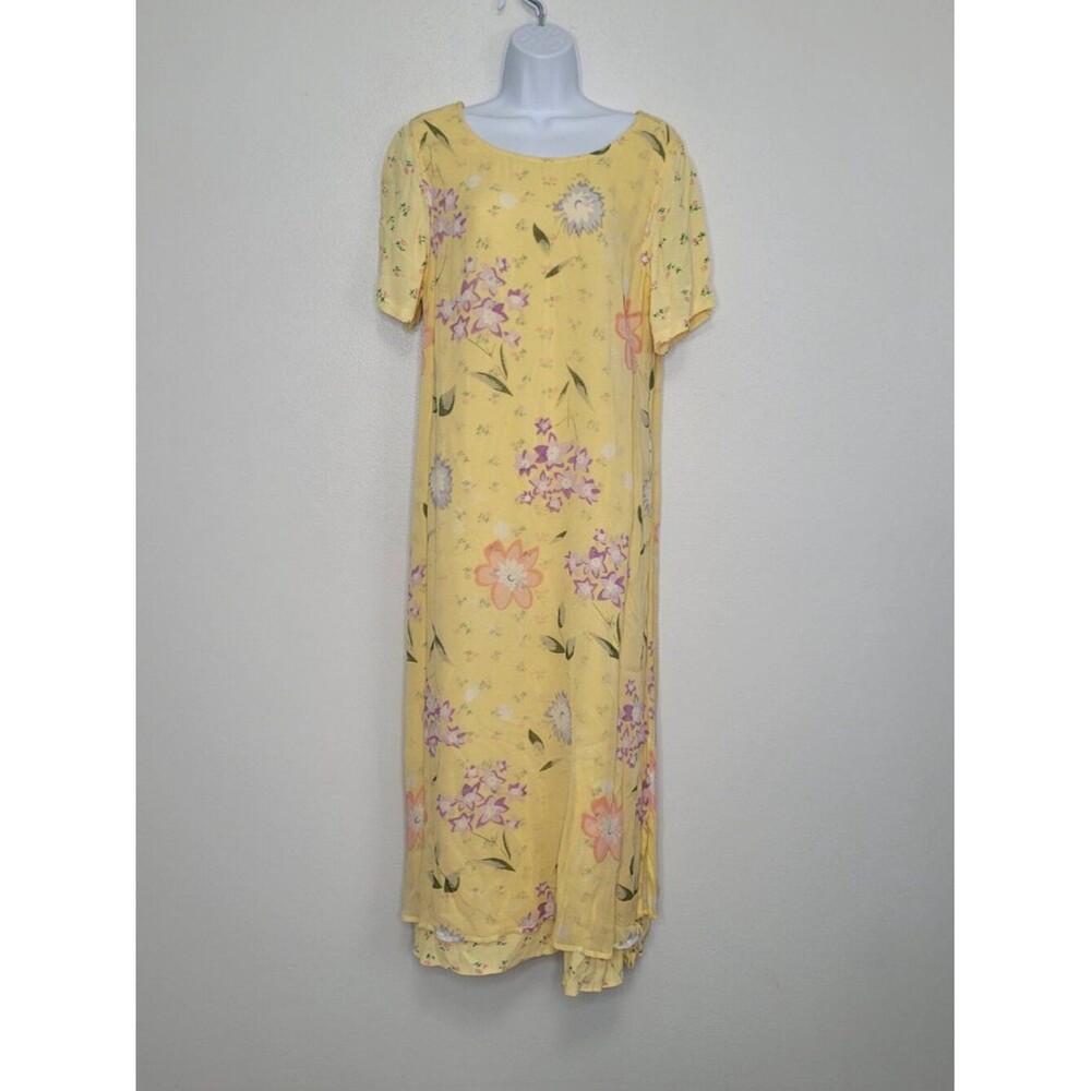 Vintage Phool yellow pink pastel modest short sleeve relaxed fit maxi dress M